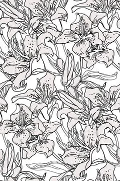 Monochrome spring botanical seamless pattern with lily hand drawn flowers. Stock Illustration