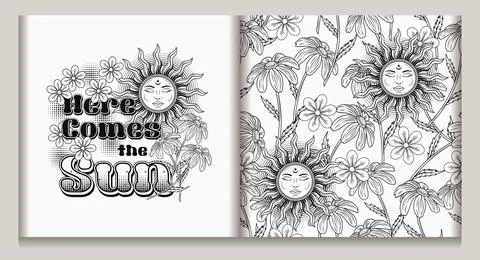 Monochrome summer label, pattern with sun, flower Stock Illustration
