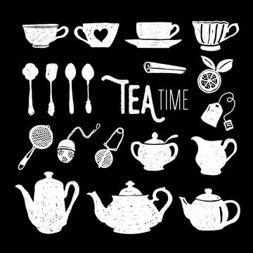 Monochrome tea time doodle elements on black background design Stock Illustration
