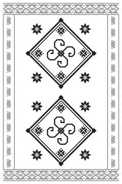 A monochrome textile panel features bold diamond frames, curled knotwork, f.. Stock-Illustration