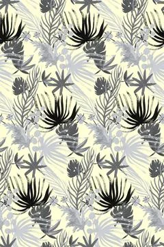 Monochrome textile seamless pattern with tropical dried flowers in black and Stock Illustration