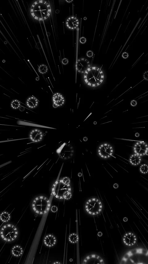 Monochrome time warp clock glowing white dials, streaking light trails, and blac Stock Footage 340564529