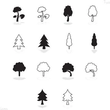 Monochrome Tree Icon Set Vector Illustration with Reflections on Transparent. Stock Illustration