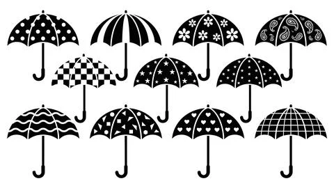 Monochrome umbrella set with decorative patterns including stars hearts and.. Illustration