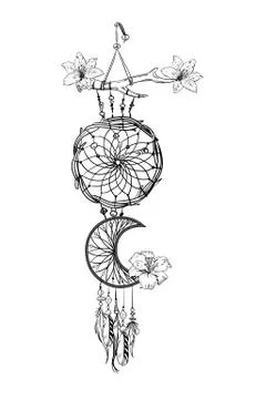 Monochrome vector illustration with hand drawn dream catcher.  Stock Illustration