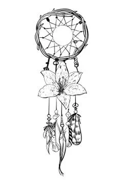 Monochrome vector illustration with hand drawn dream catcher.  Stock Illustration
