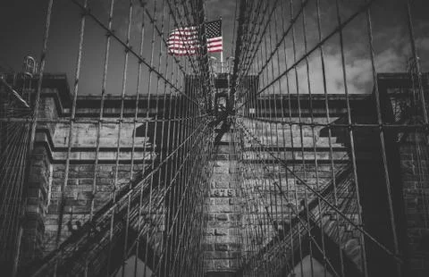 A monochrome version of the Brooklyn Bridge Stock Photos