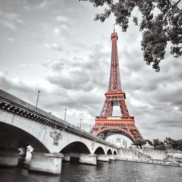 Monochrome view of eiffel tower with selective colorization Stock Photos