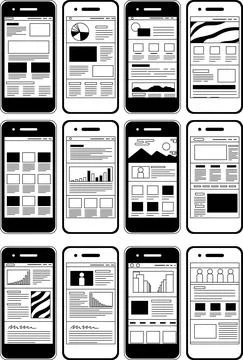Monochrome Web screen viewed on a smartphone set Stock Illustration