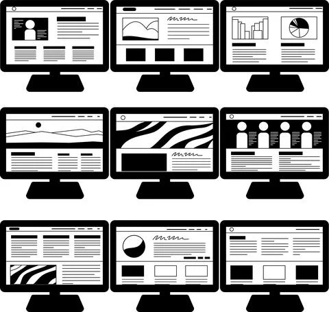 Monochrome Website screen view with PC set Stock Illustration
