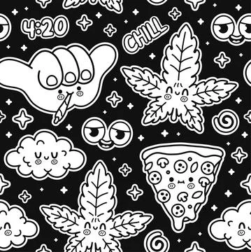 Monochrome weed marijuana,shaka gesture,pizza,cloud,red eyes seamless pattern Stock Illustration