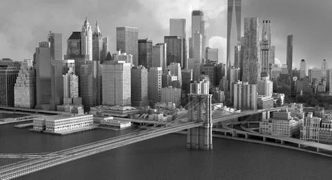 Monochrome wide angle view of Lower Manhattan skyline Stock Photos