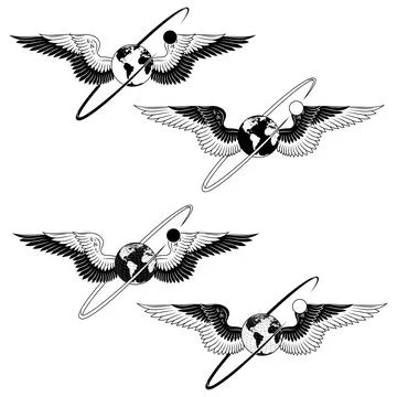 Monochrome Winged Planet Earth Stock Illustration