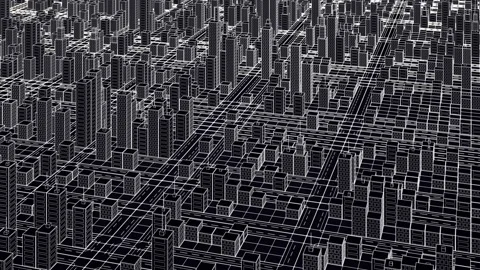 Monochrome wireframe city grid, loopable roating abstract urban planning and Stock Footage 338159714