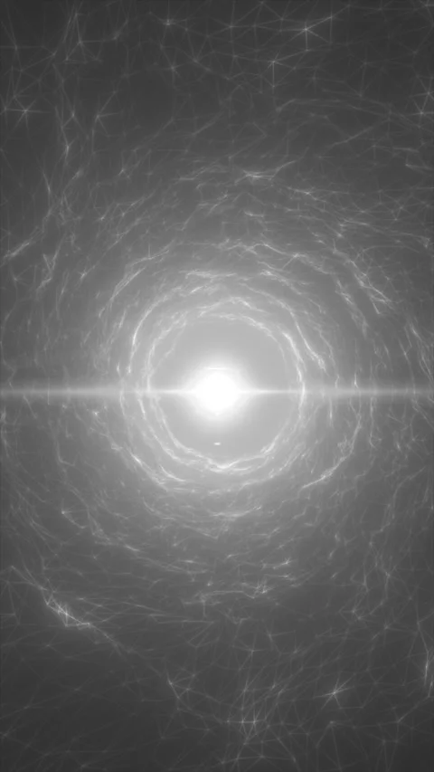 Monochrome wireframe network spirals toward a brilliant central light, form.. Stock Footage 337958171