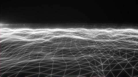 Monochrome wireframe wave terrain with glowing grid lines and dark horizon,.. Stock Illustration