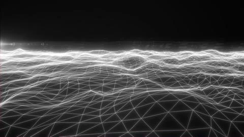 Monochrome wireframe wave terrain with glowing grid lines and dark horizon,.. Stock Illustration