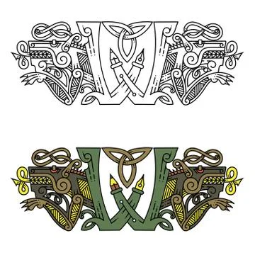 Monogram in the Celtic style with a wolf. Stock Illustration