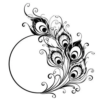 Monogram with contour peacock feathers Stock Illustration