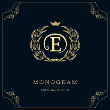 Monogram design template. Elegant line art logo E Stock Illustration