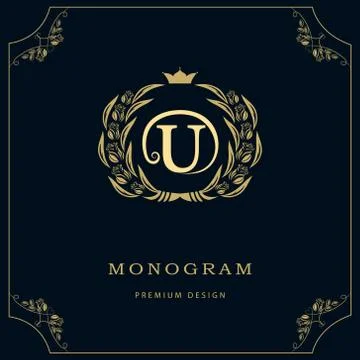 Monogram design template. Elegant line art logo U Stock Illustration