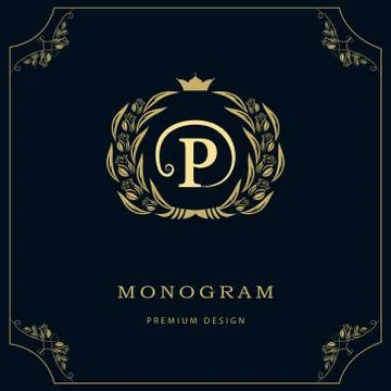 Monogram design template. Elegant line art logo P 스톡 일러스트