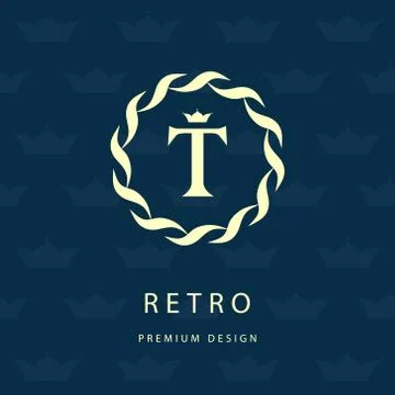 Monogram design template. Elegant line art logo T Illustrazione stock