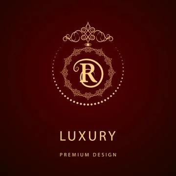 Monogram design template. Elegant line art logo R 스톡 일러스트
