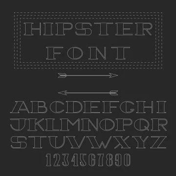 Monogram font, thin line mockup hipster alphabet and numbers, black  white de Illustrazione stock