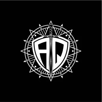 Monogram initial letter AQ with shield decorated with star ornament Stock Illustration