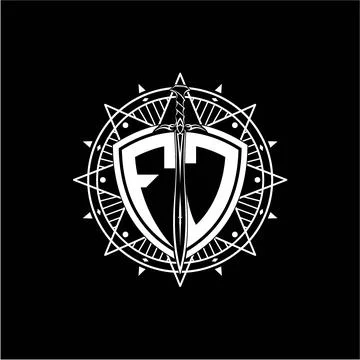 Monogram initial letter FJ with shield decorated with star ornament Stock Illustration