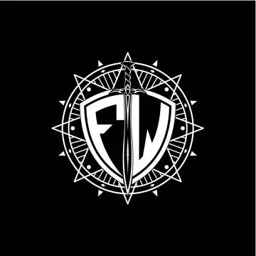 Monogram initial letter FW with shield decorated with star ornament Stock Illustration