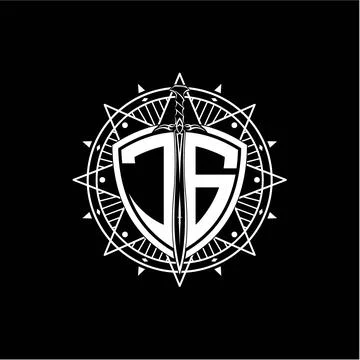 Monogram initial letter JG with shield decorated with star ornament Stock Illustration