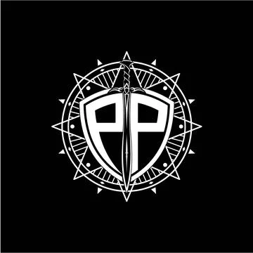 Monogram initial letter PP with shield decorated with star ornament Stock Illustration