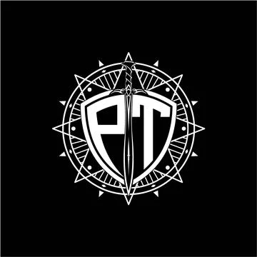 Monogram initial letter PT with shield decorated with star ornament Stock Illustration