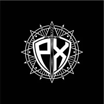 Monogram initial letter PX with shield decorated with star ornament Stock Illustration
