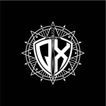 Monogram initial letter QX with shield decorated with star ornament Stock Illustration