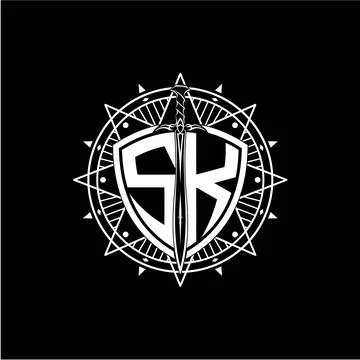 Monogram initial letter SK with shield decorated with star ornament Stock Illustration