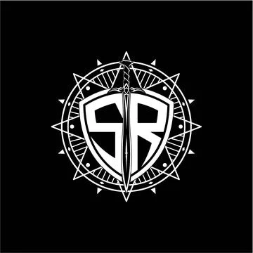 Monogram initial letter SR with shield decorated with star ornament Stock Illustration