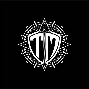 Monogram initial letter TM with shield decorated with star ornament Stock Illustration