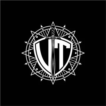 Monogram initial letter VT with shield decorated with star ornament Stock Illustration