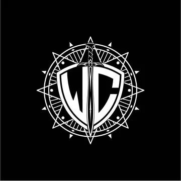 Monogram initial letter WC with shield decorated with star ornament Stock Illustration