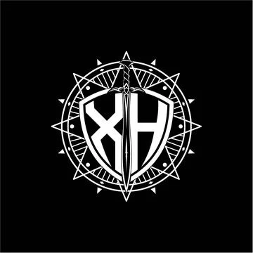 Monogram initial letter XH with shield decorated with star ornament Stock Illustration