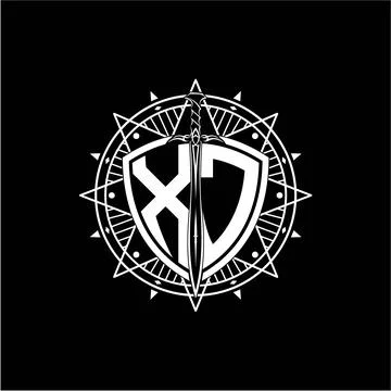 Monogram initial letter XJ with shield decorated with star ornament Stock Illustration