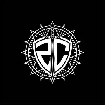 Monogram initial letter ZC with shield decorated with star ornament Stock Illustration