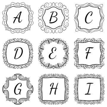 Monogram set hand drawn style in black and white colors with frames Illustration