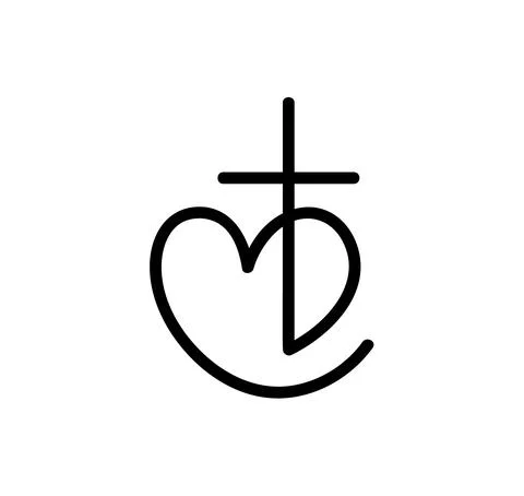 Monoline black Vector Christian logo Heart with Cross. Isolated on Background Stock Illustration