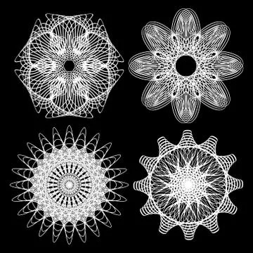 Monoline lace patterns on black background, gentle geometric ornaments Stock Illustration