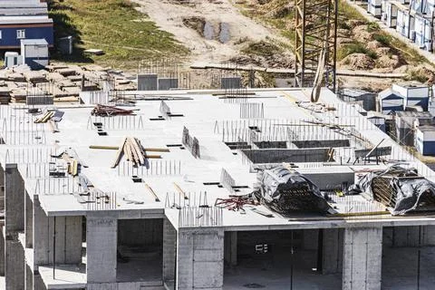 Monolithic frame construction of the building. Solid walls of concrete. Stock Photos
