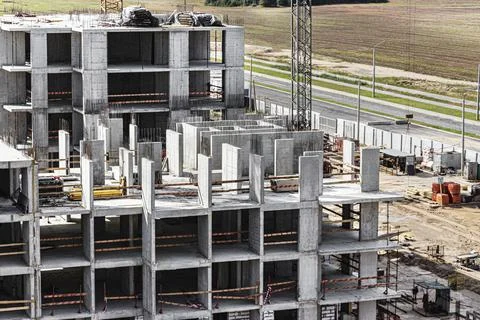 Monolithic frame construction of the building. Solid walls of concrete. Stock Photos